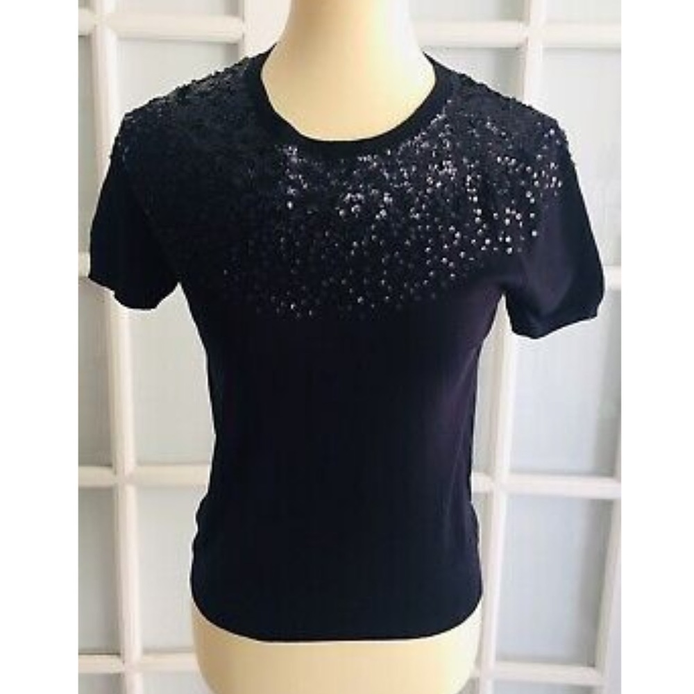 ZARA Woman Navy Blue SEQUIN SWEATER Knit Short Robbed Sleeve Size M O2886
